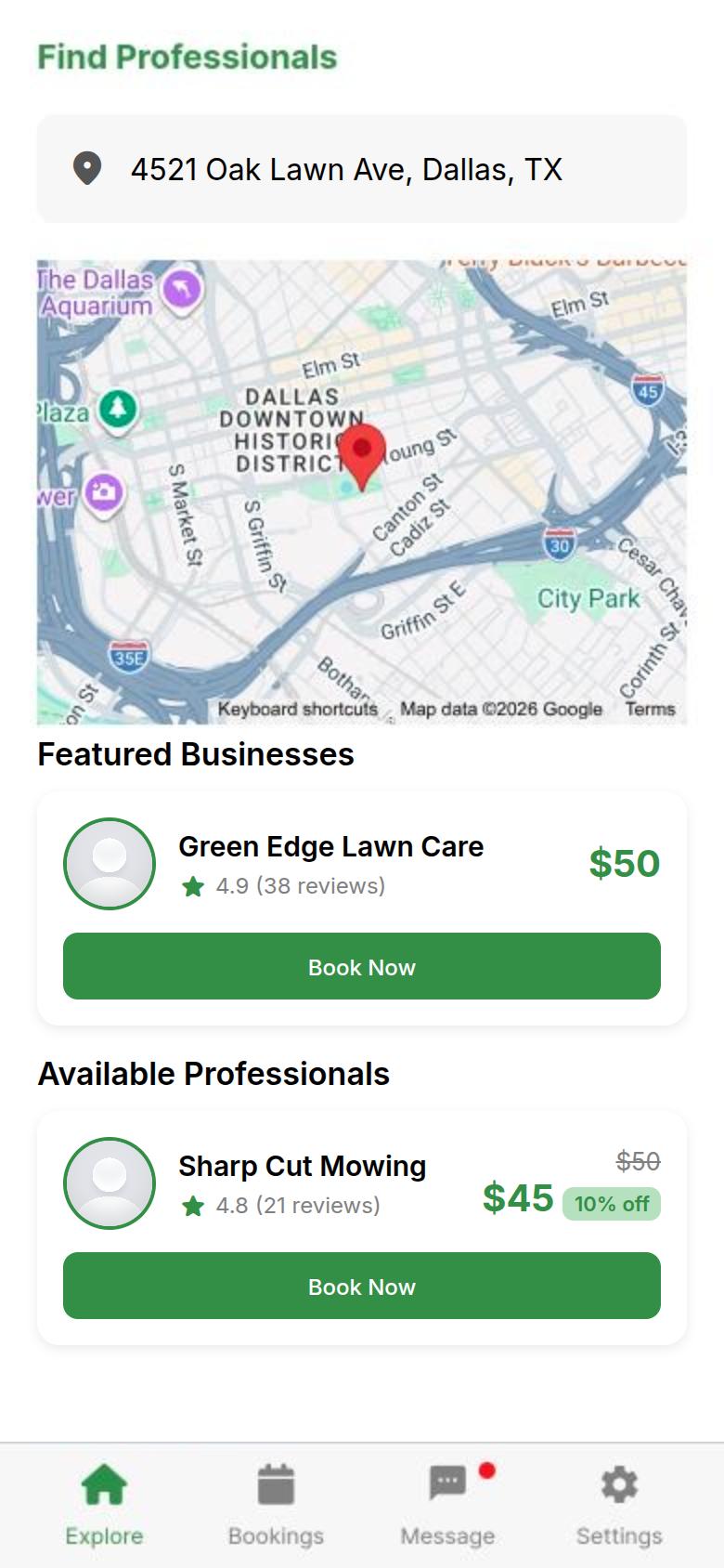 Find Professionals screen in the Neemow app, listing local pros with their price and rating