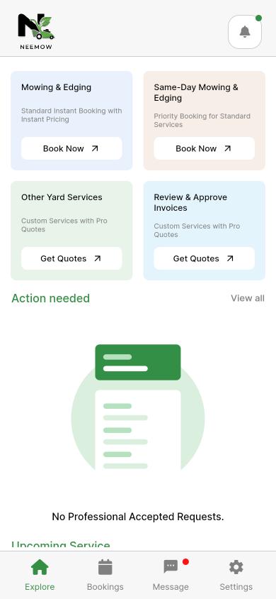 Neemow app home screen with Mowing & Edging, Same-Day, Other Yard Services and Review Invoices