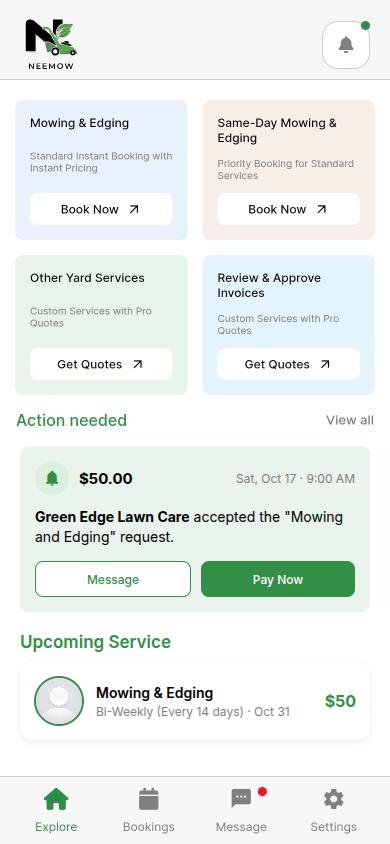 The Neemow app home screen, showing a pro who accepted a mowing request and a Pay Now button