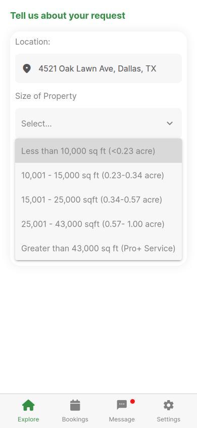 Mowing and edging request form in the Neemow app with property size options