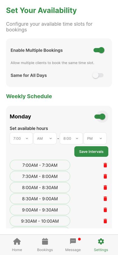 Set Your Availability screen with multiple bookings turned on and Monday time slots