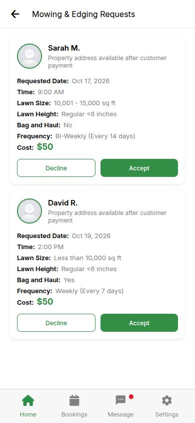 Mowing and edging requests in the Neemow pro app, with Accept and Decline buttons
