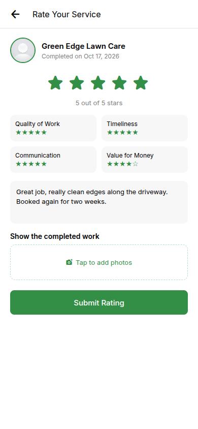 Rate Your Service screen with star ratings for quality, timeliness, communication and value