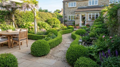 Carefully sculpted boxwood hedges and ornamental shrubs along a private patio garden