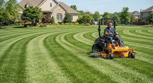 Commercial grade zero-turn riding mower carving wide precise grass stripe paths on a sweeping quarter acre ope