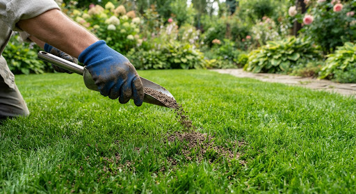 Gardener applying granular organic lawn fertilizer to rich deep emerald turf grass