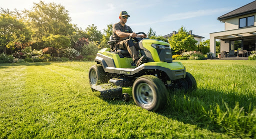 Modern electric riding lawnmower in action over sun-drenched turf