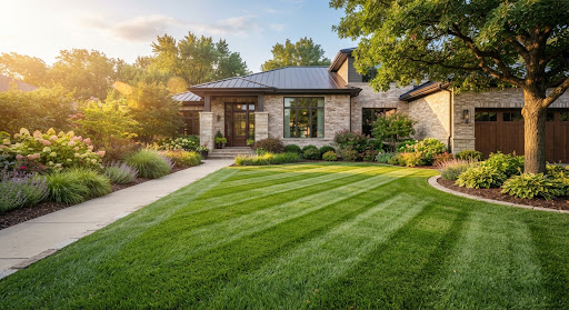 A lush vibrant green manicured residential front lawn with crisp diagonal mowing stripes