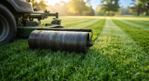 Macro close-up ground level view of a professional zero turn commercial lawnmower rear roller creating crisp c