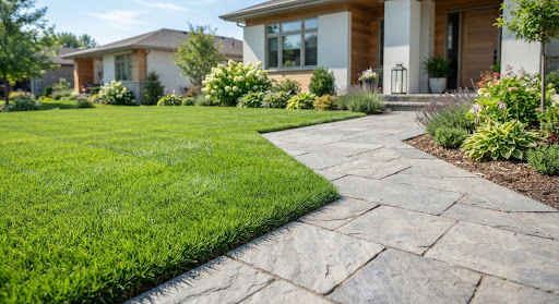A masterfully trimmed residential lawn with razor-sharp geometric edging alongside a clean stone walkway