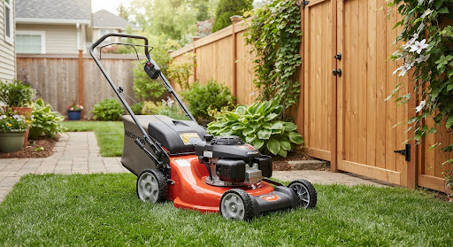 Modern compact gas push rotary lawnmower standing on a manicured green patch next to a neat cedar fence gate i
