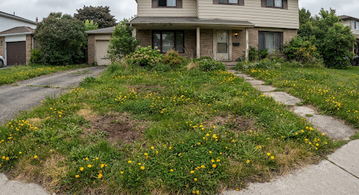 Neglected residential front lawn overrun with yellow dandelions