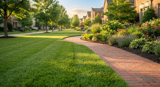 Perfect uniform carpet-like Kentucky Bluegrass with crisp 90-degree trench edging along clean brick paths