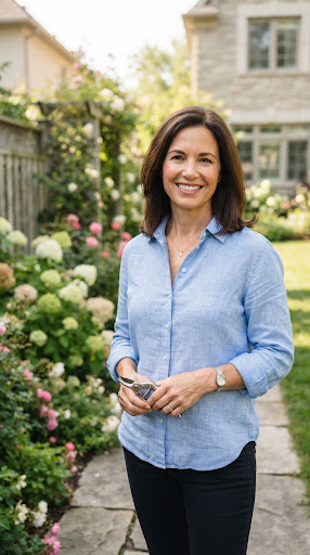 Portrait of an elegant suburban homeowner woman with a friendly smile