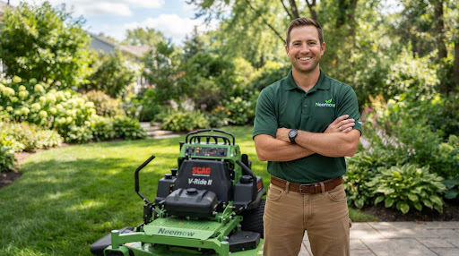 Portrait of an energetic professional landscape contractor in clean branded workwear standing next to commerci