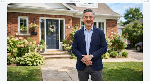 Portrait of a smiling middle-aged man standing in front of his residential home