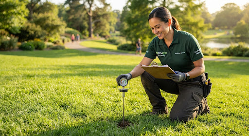 Professional landscape technician in dark green branded uniform inspecting healthy green turf with a soil aera
