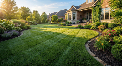 Reseeded thick tall fescue emerald lawn with diamond stripe mowing pattern