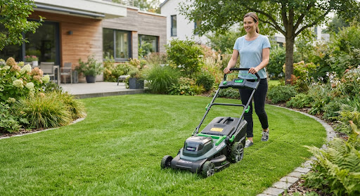 Sleek battery powered cordless electric lawnmower with illuminated LED battery level indicator cutting silent 