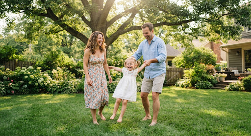 Young smiling family with child playing barefoot on a soft pristine green backyard lawn under a gentle shaded 